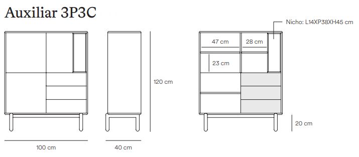 Medidas mueble auxiliar Corvo 3P3C