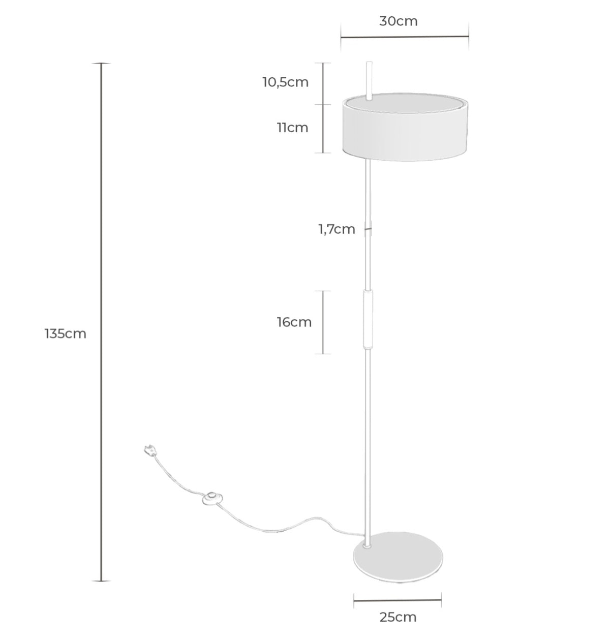 Croquis de medidas de Lámpara de Pie CANTORIA de 135 cm en negro y dorado