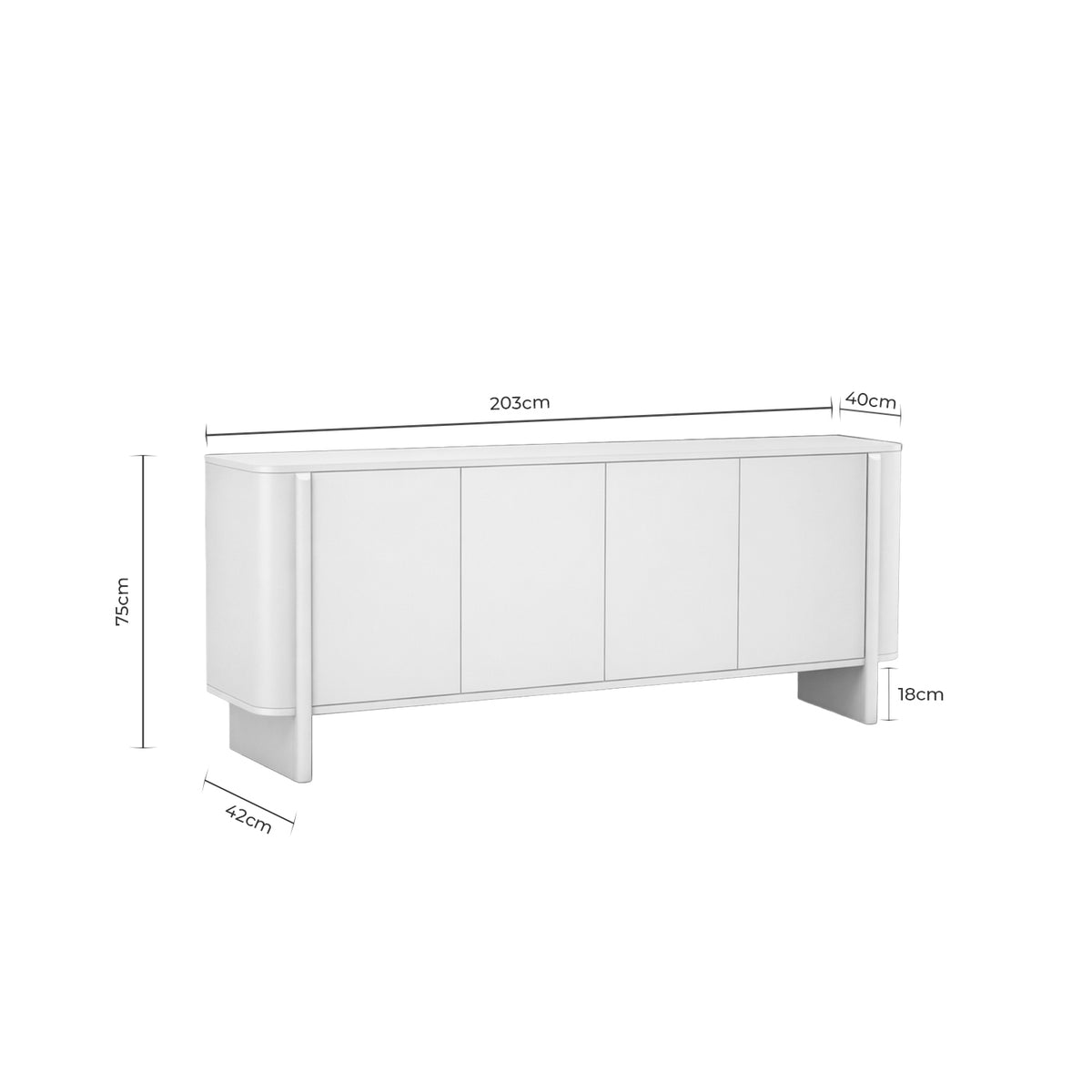 Croquis de medidas de Aparador SIDNEY de 200 cm con 4 puertas