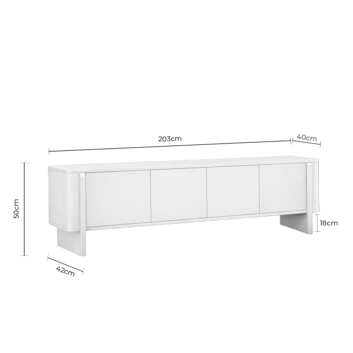 Croquis de medidas de Mueble TV SIDNEY de 200 cm con 4 puertas