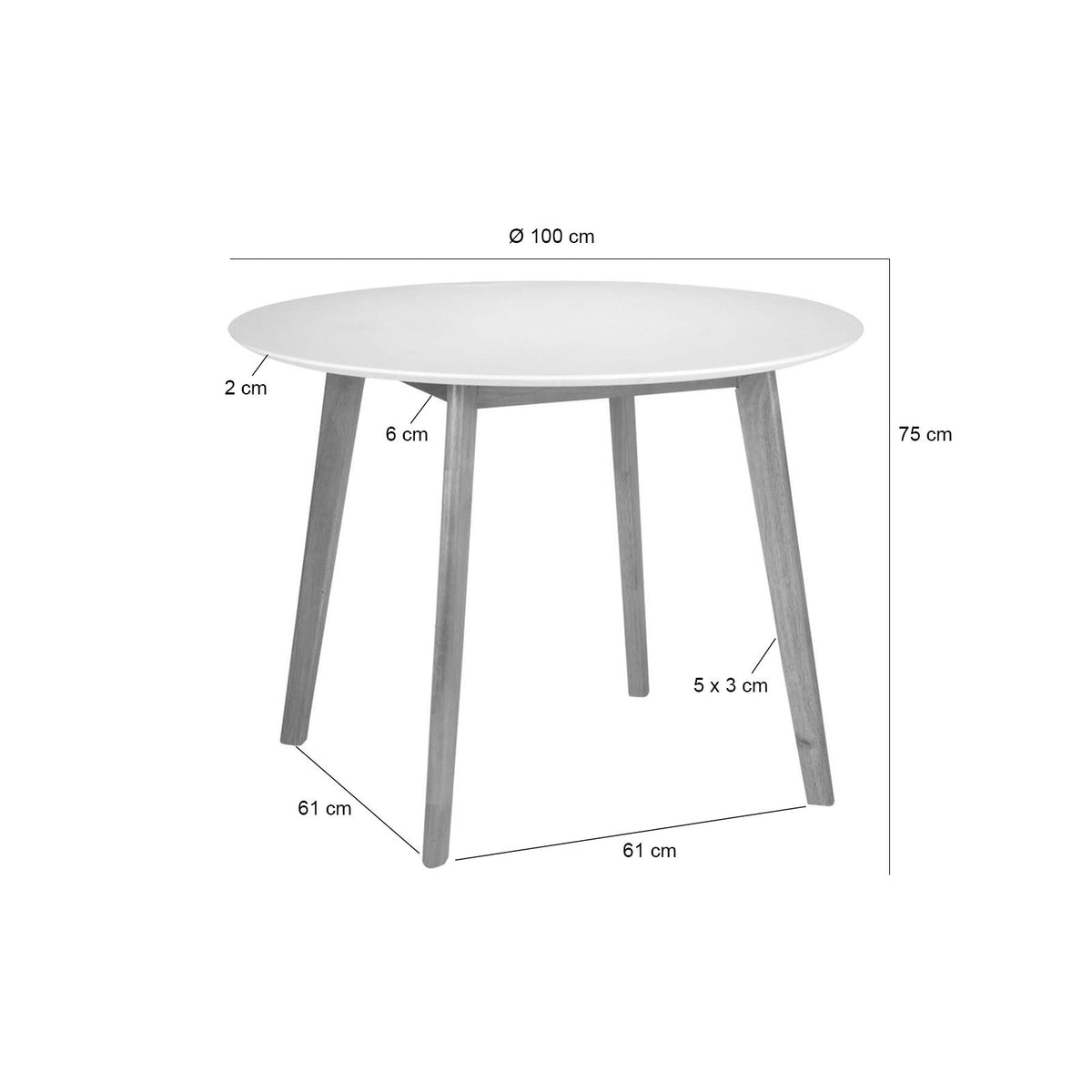 Croquis de medidas de Mesa MONNA 100 Redonda Fija Blanco/Roble