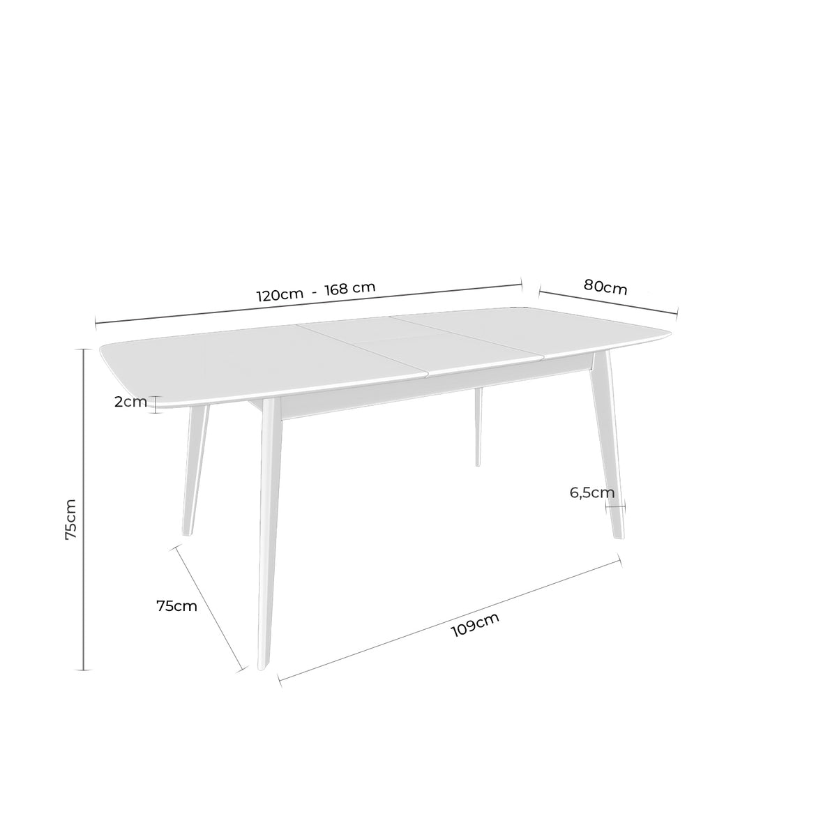 Croquis de medidas de Mesa ENMA 120 Extensible Roble