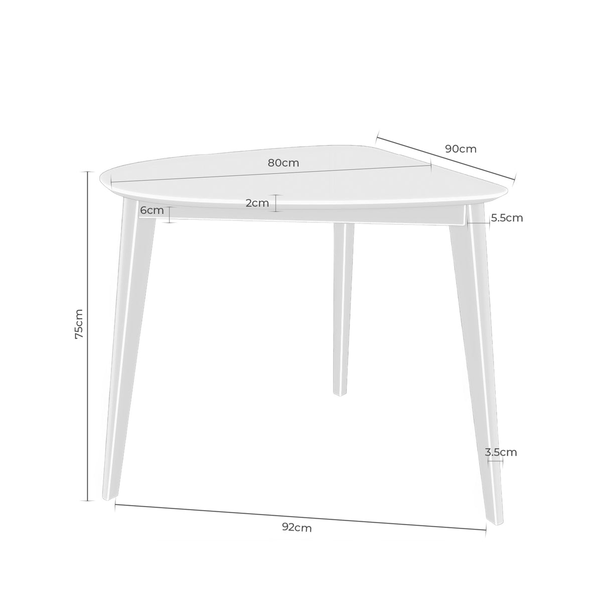 Croquis de medidas de Mesa MORGAN Cuadrada 92 cm Roble