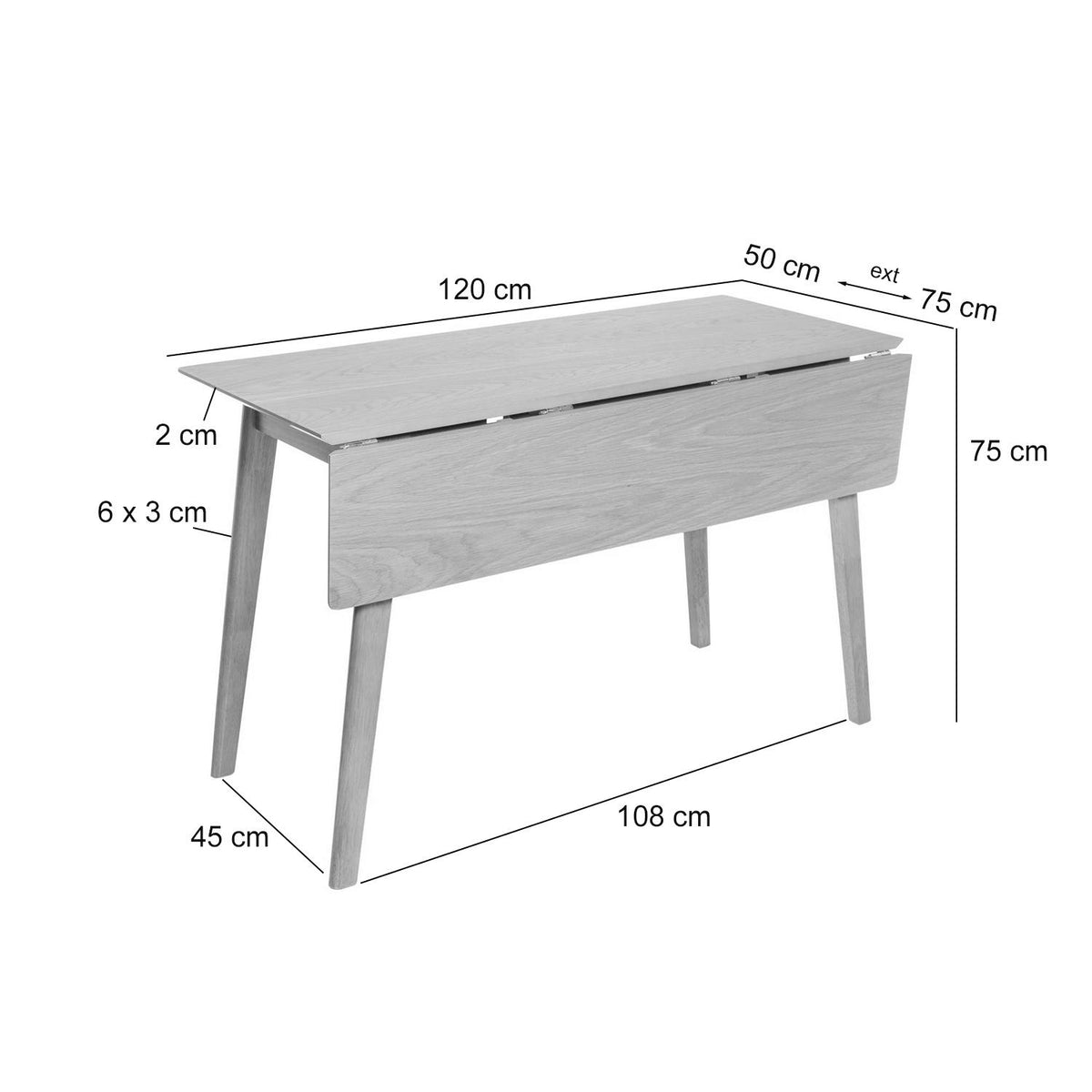 Croquis de medidas de Mesa TORI Extensible en Fondo Blanco/Roble