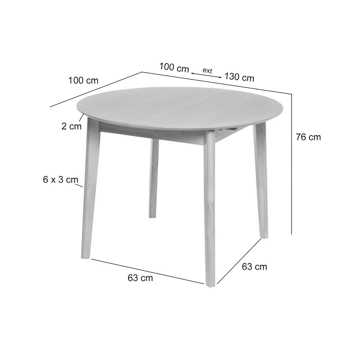 Croquis de medidas de Mesa LIANA 100 Redonda Extensible Roble