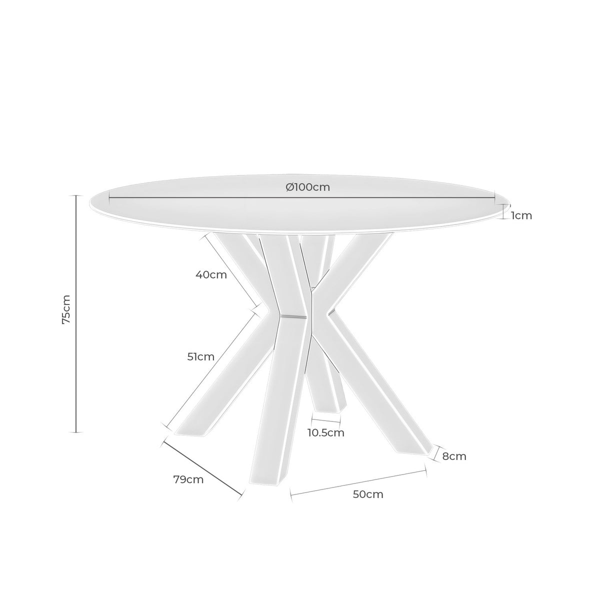 Croquis de medidas de Mesa JADE Redonda Fija Cristal