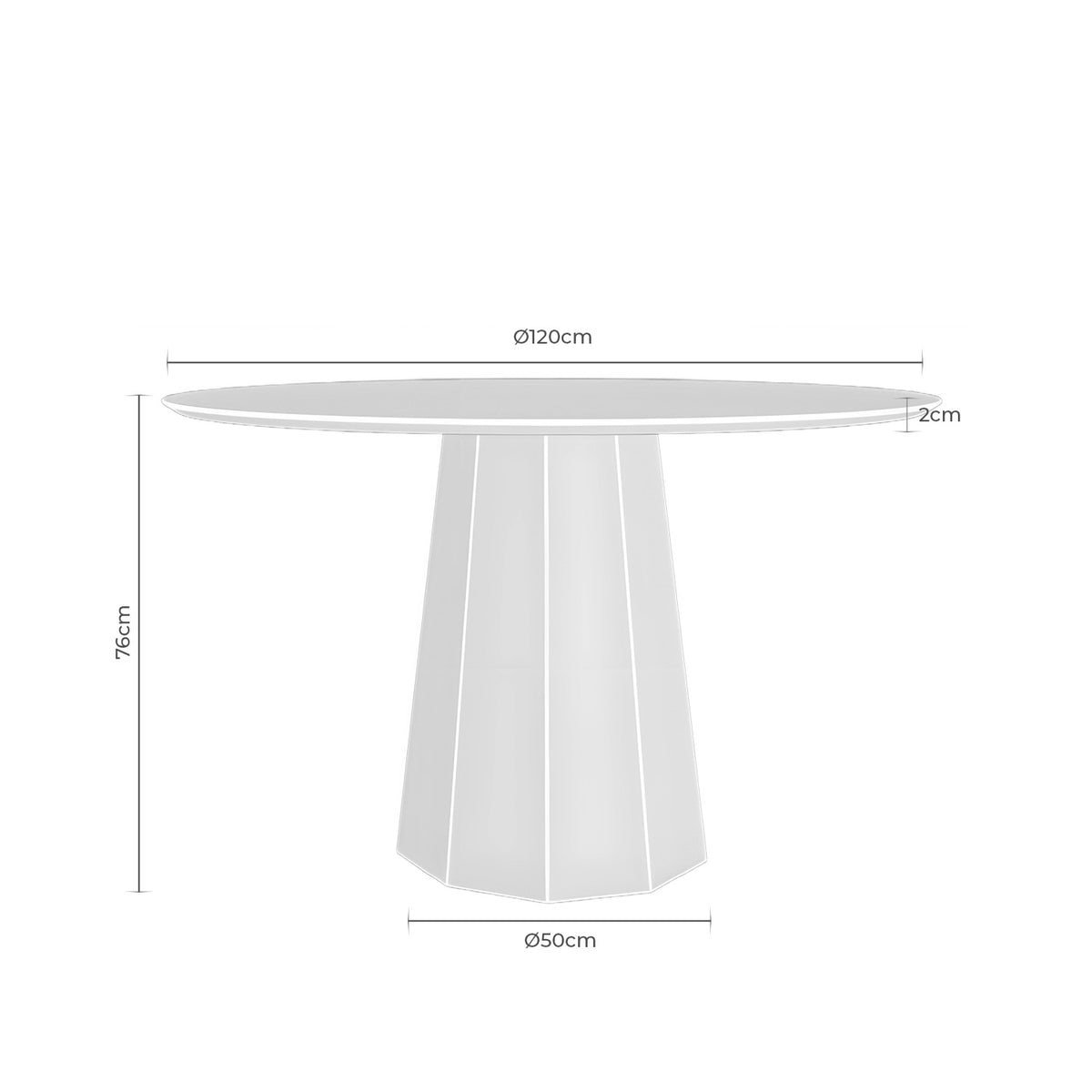 Croquis de medidas de Mesa REGINA 120 Redonda con Base Facetada