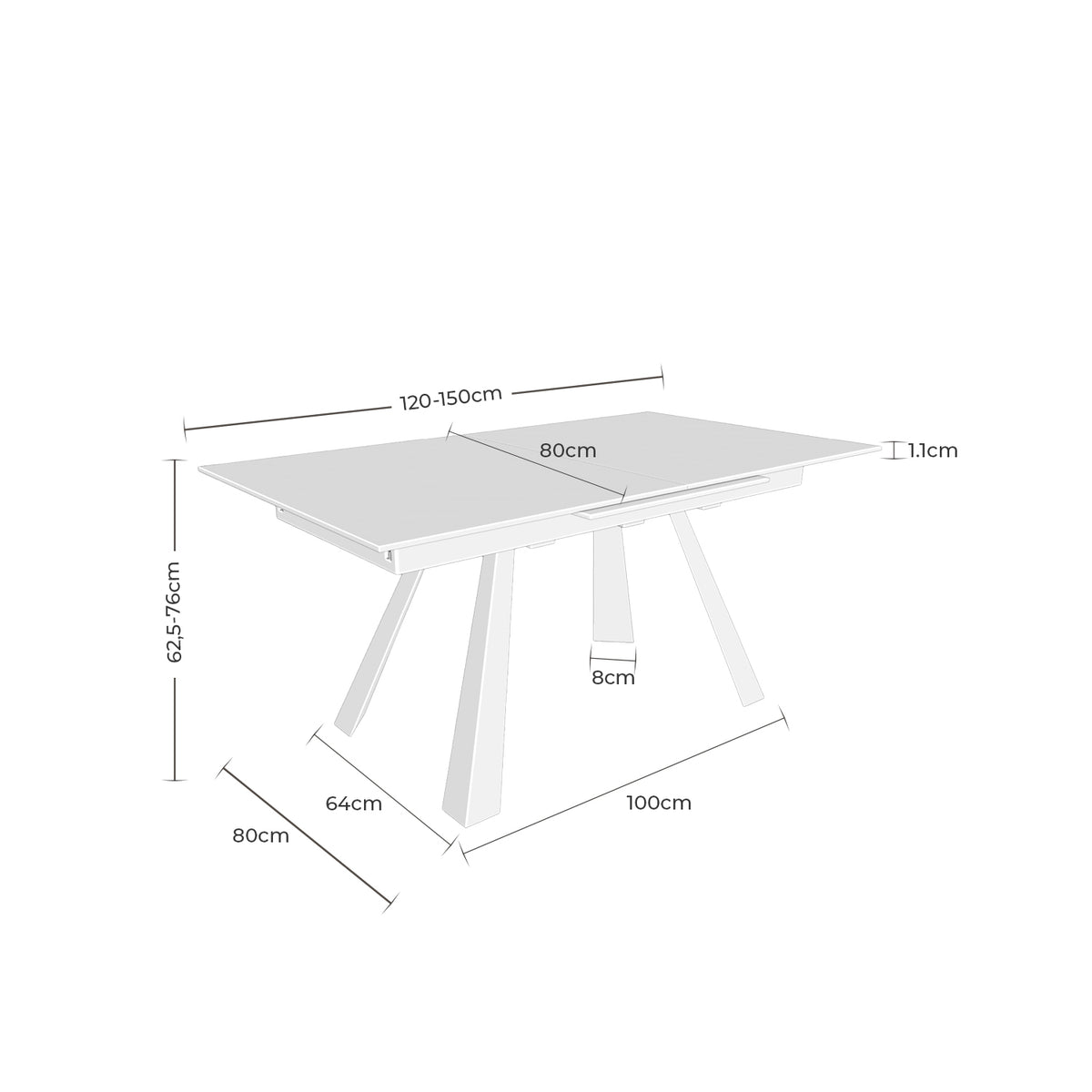 Croquis de medidas de Mesa JUDY Extensible Porcelánica