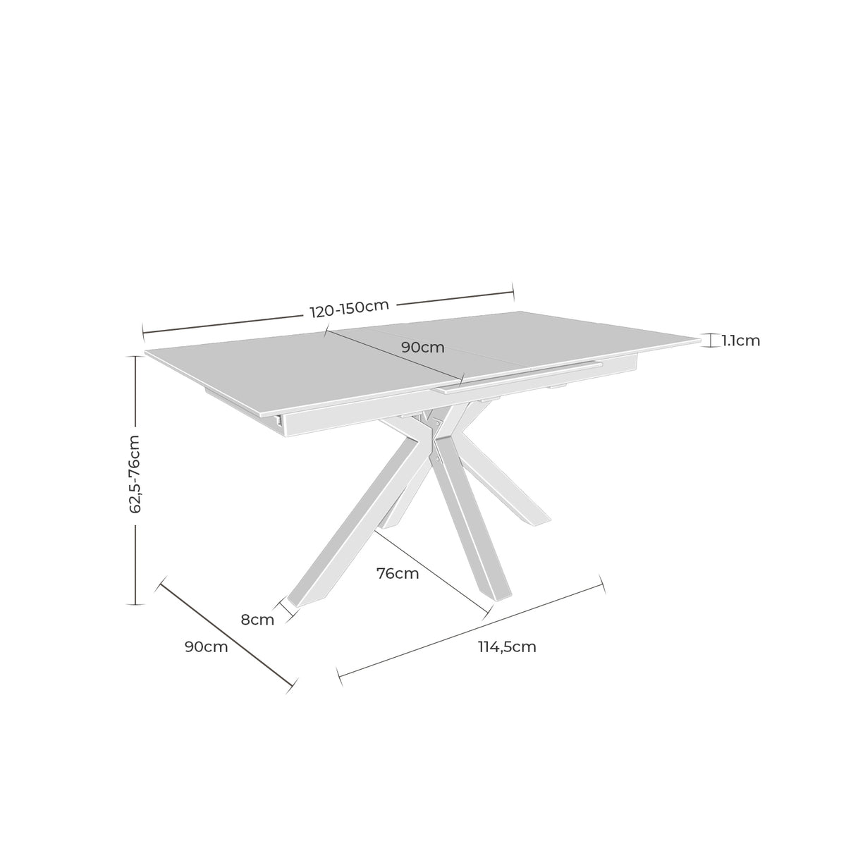 Croquis de medidas de Mesa LORI Extensible Porcelánica