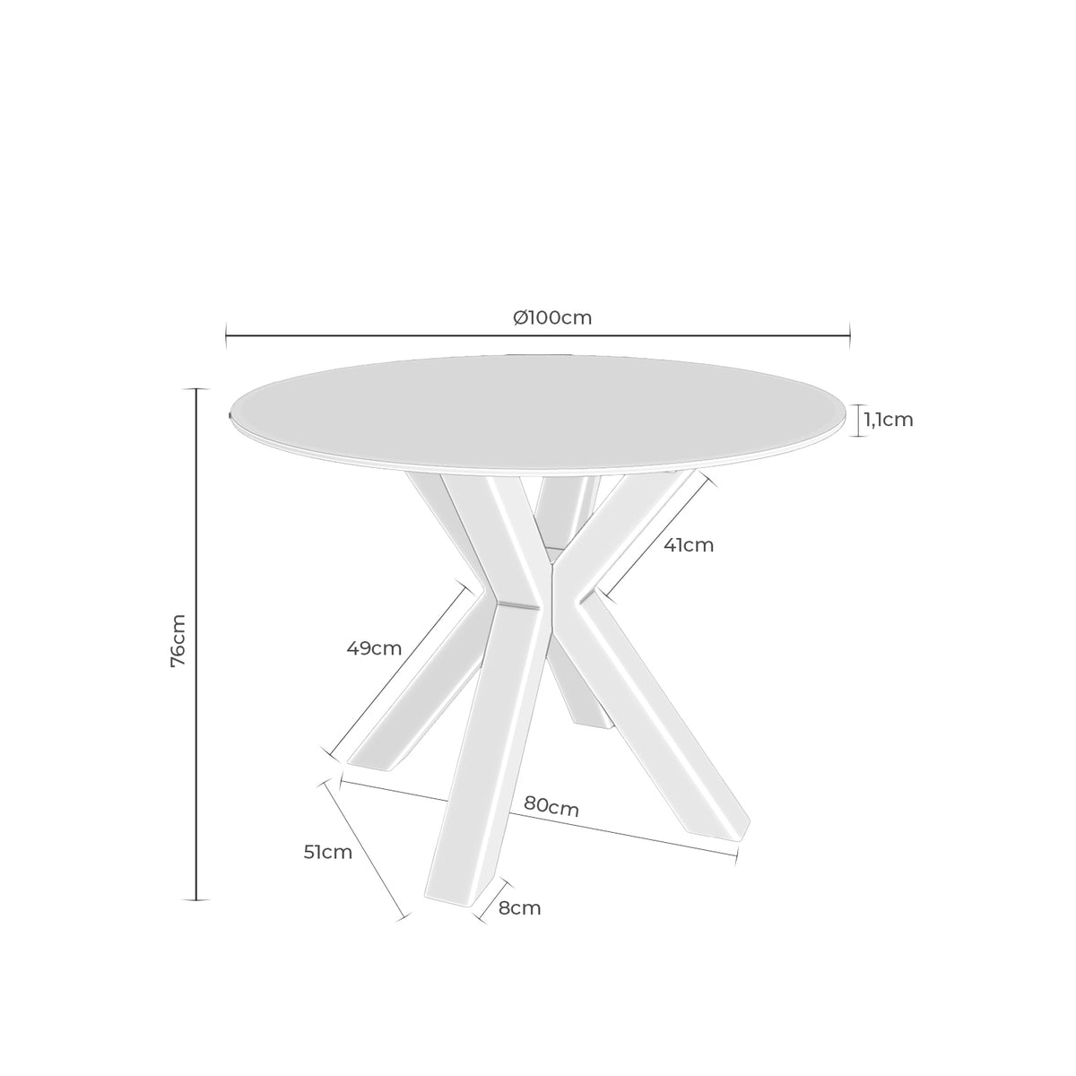Croquis de medidas de Mesa FIORELLA Redonda Fija Porcelánica