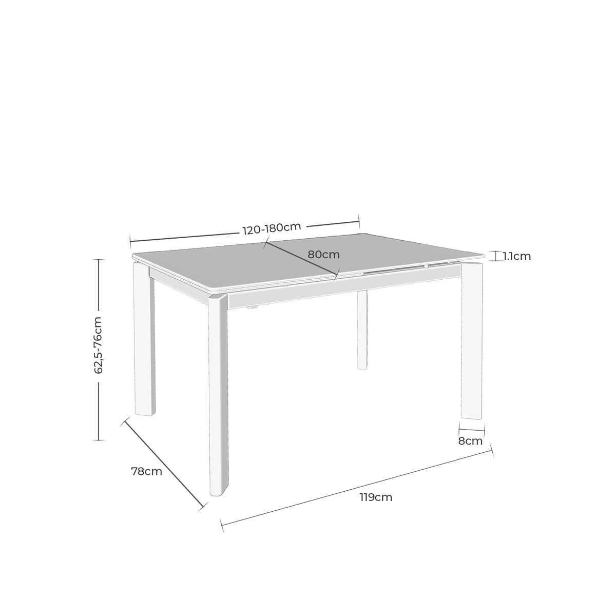 Croquis de medidas de Mesa CONSTANCE Extensible Porcelánica