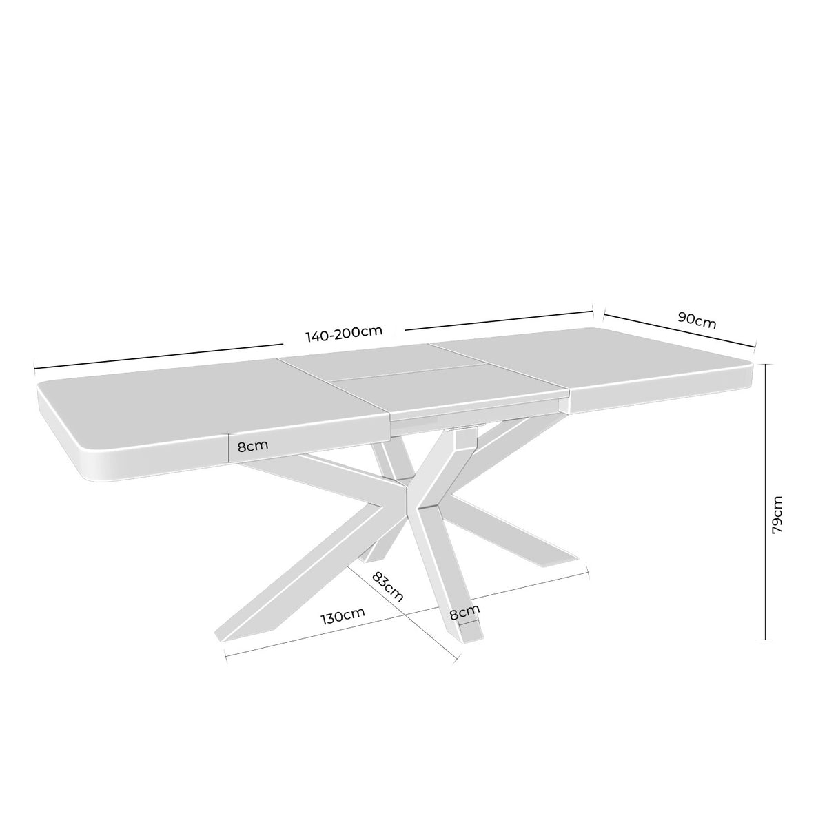 Croquis de medidas de Mesa GLADYS Rectangular Extensible Roble/Negro