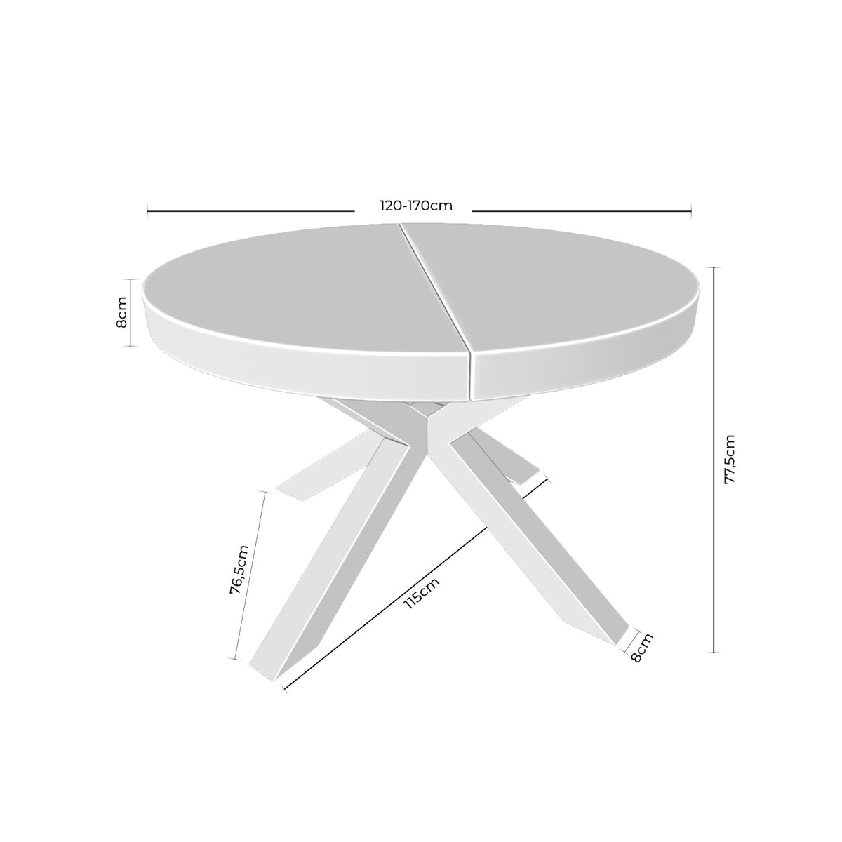 Croquis de medidas de Mesa MILDRED Redonda Extensible Roble/Negro
