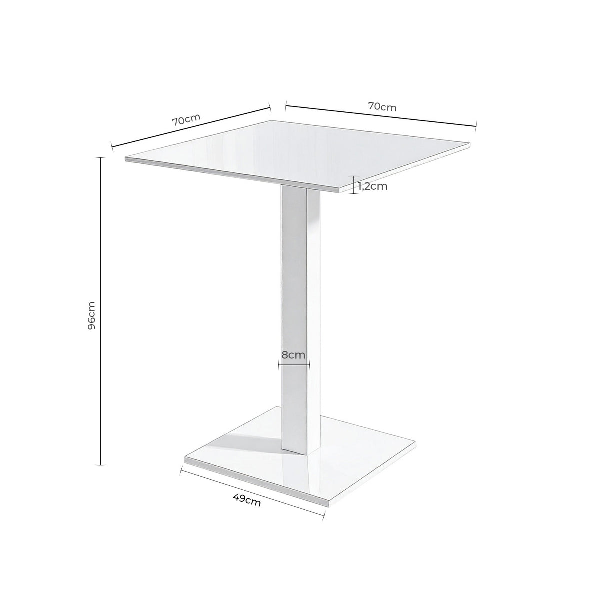 Croquis de medidas de Mesa SAMIRA Cuadrada 70×70 Porcelánica