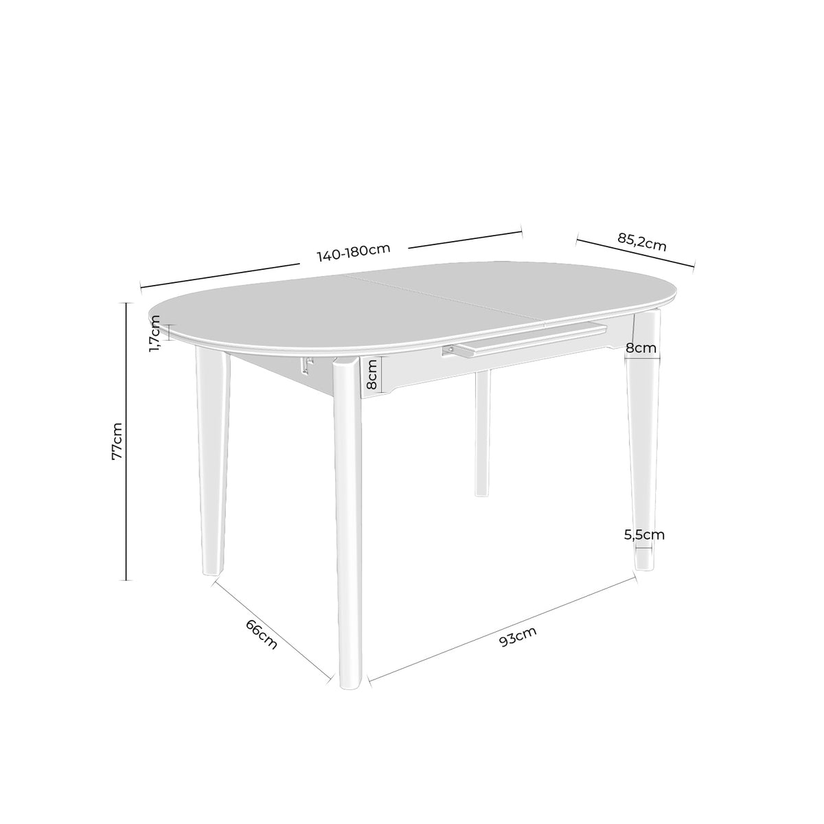 Croquis de medidas de Mesa VELMA 140 Extensible Porcelánica y Madera