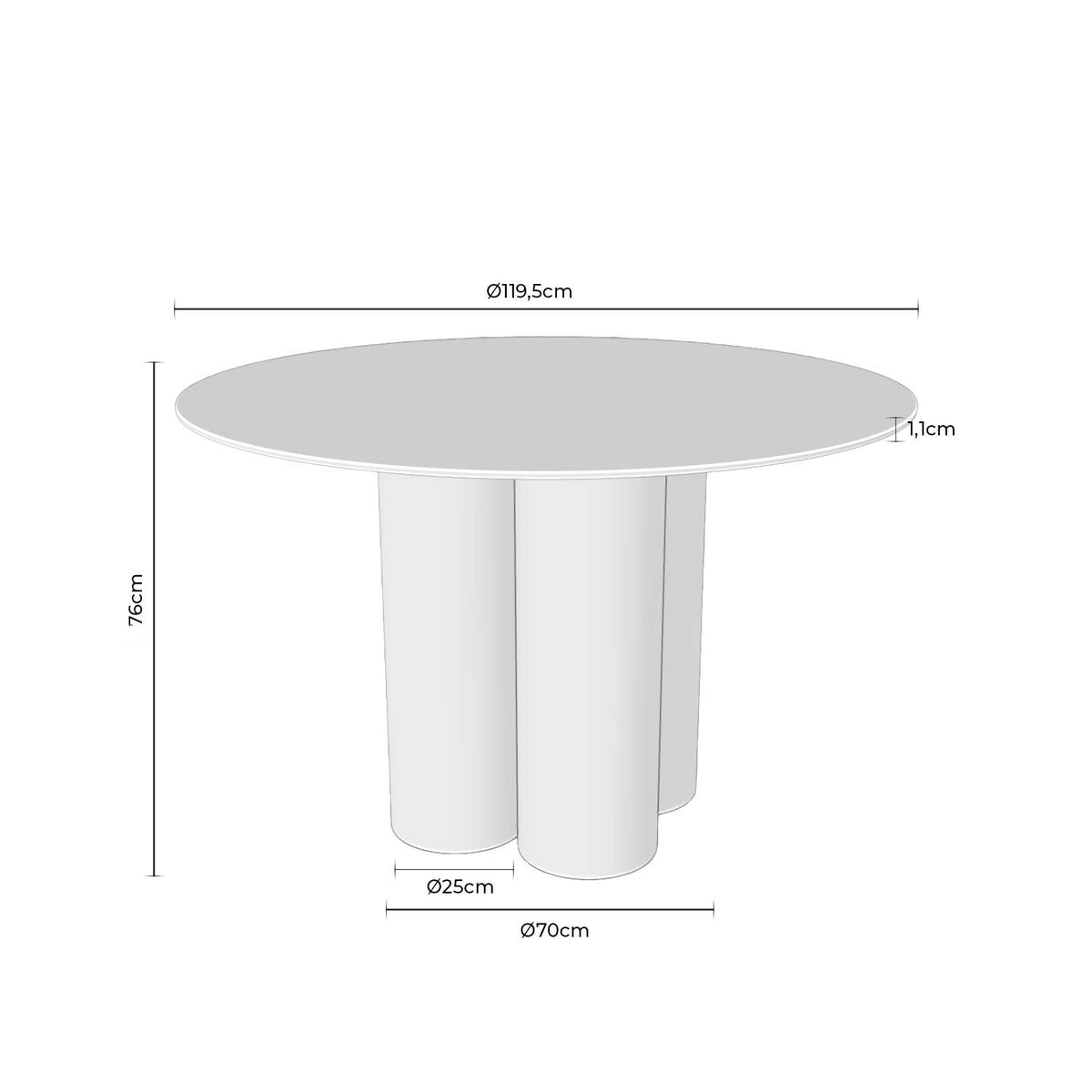 Croquis de medidas de Mesa TRACY 120 Redonda Efecto Travertino
