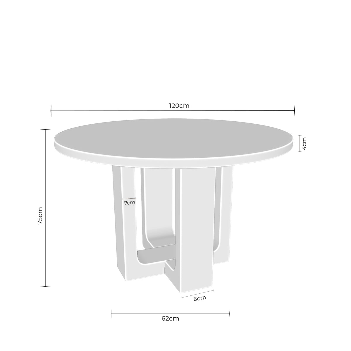 Croquis de medidas de Mesa MAXINE 120 Redonda con Base de Planos Cruzados