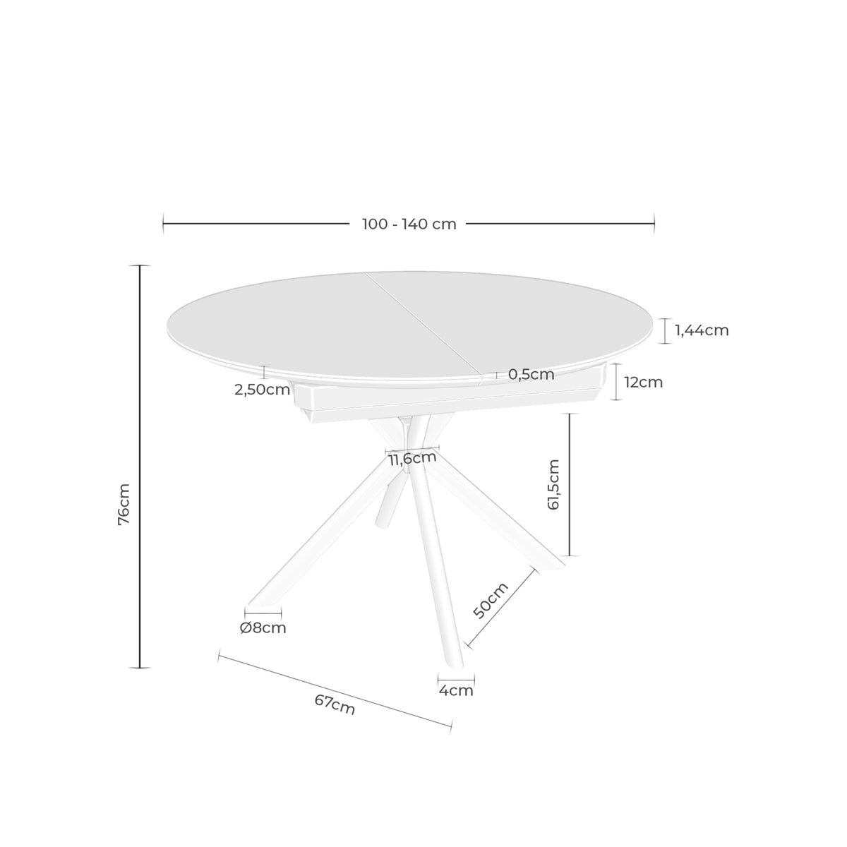 Croquis de medidas de Mesa SUVI Redonda Extensible Porcelánica