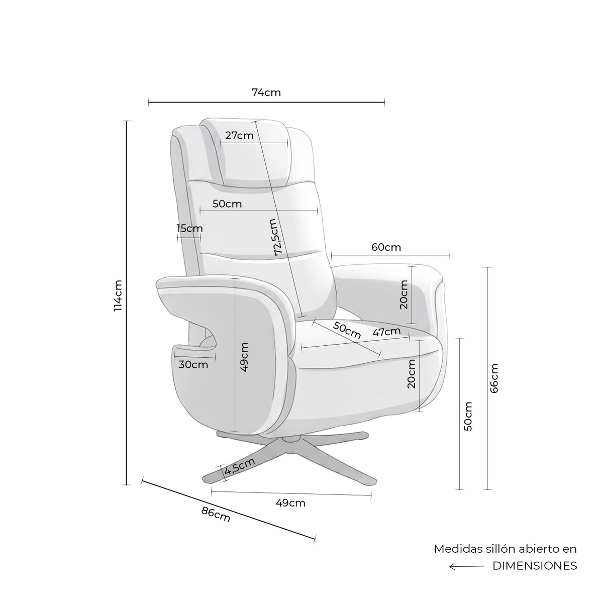 Croquis de medidas de Sillón relax eléctrico SATOMI giratorio con USB-C