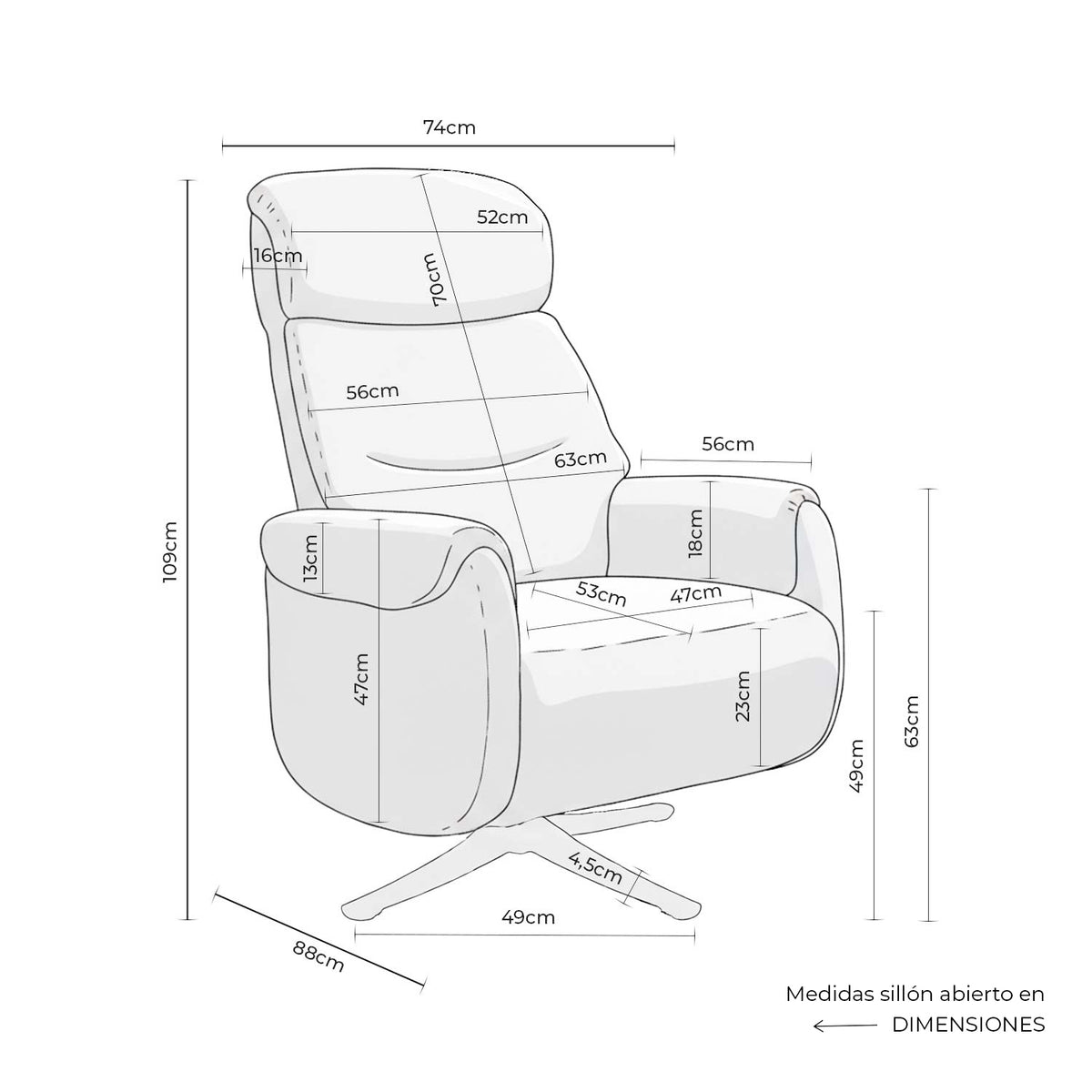 Croquis de medidas de Sillón relax eléctrico TAMIKO giratorio con cabezal regulable
