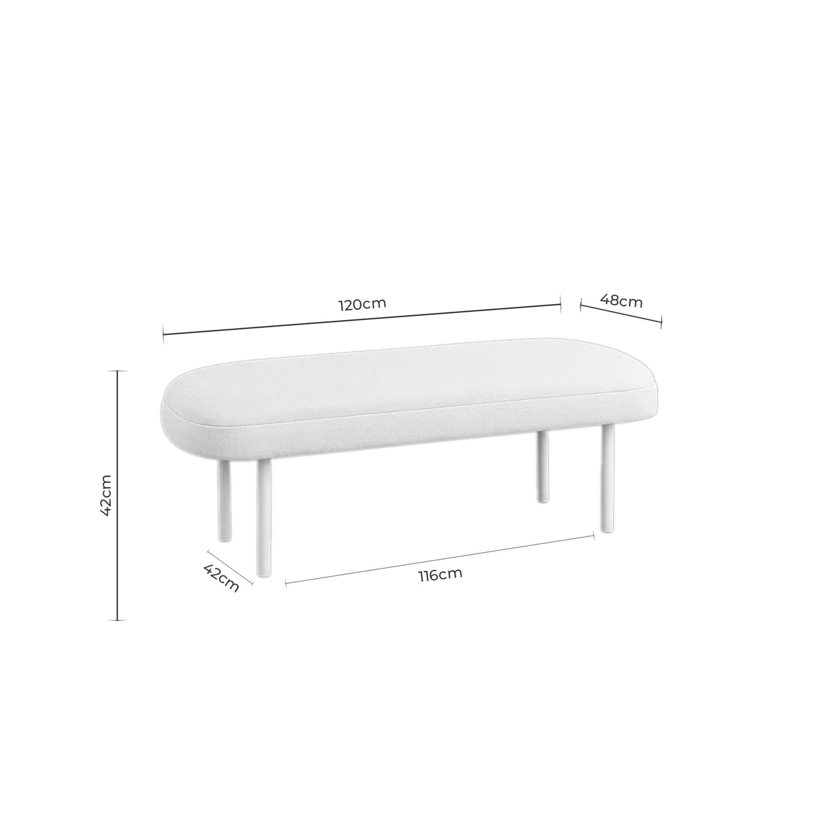 Croquis de medidas de Banqueta MARSELLA de 120 cm con patas metálicas