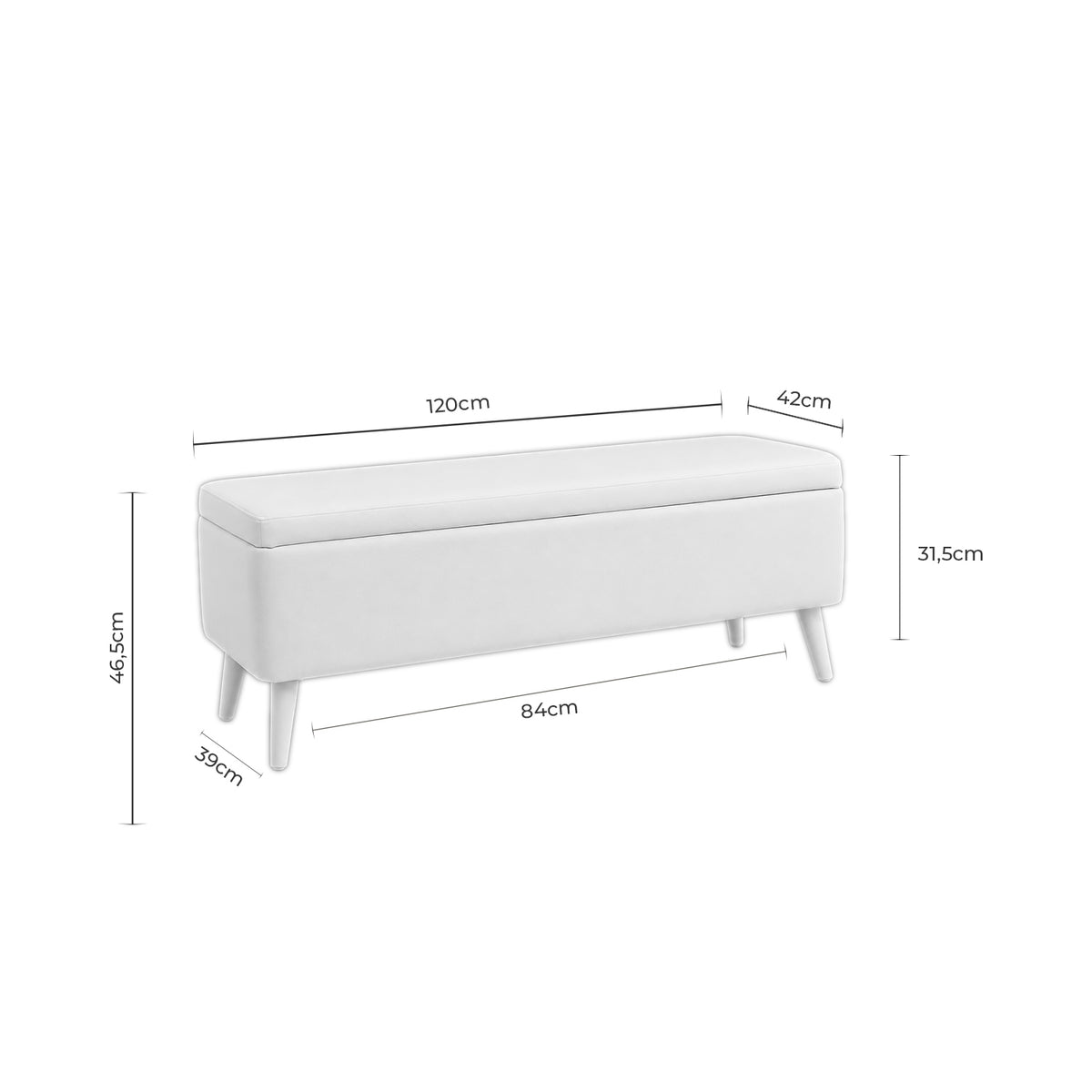 Croquis de medidas de Banqueta ZURICH de 120 cm con almacenaje y patas de madera