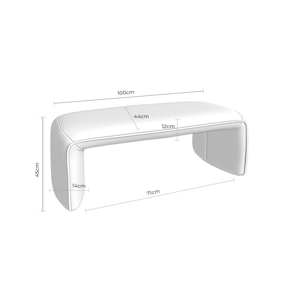 Croquis de medidas de Banqueta CATANIA de 100 cm con asiento acolchado de 12 cm