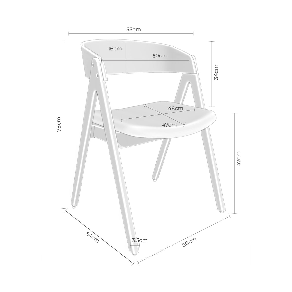 Croquis de medidas de Silla RINA de Madera con Brazos