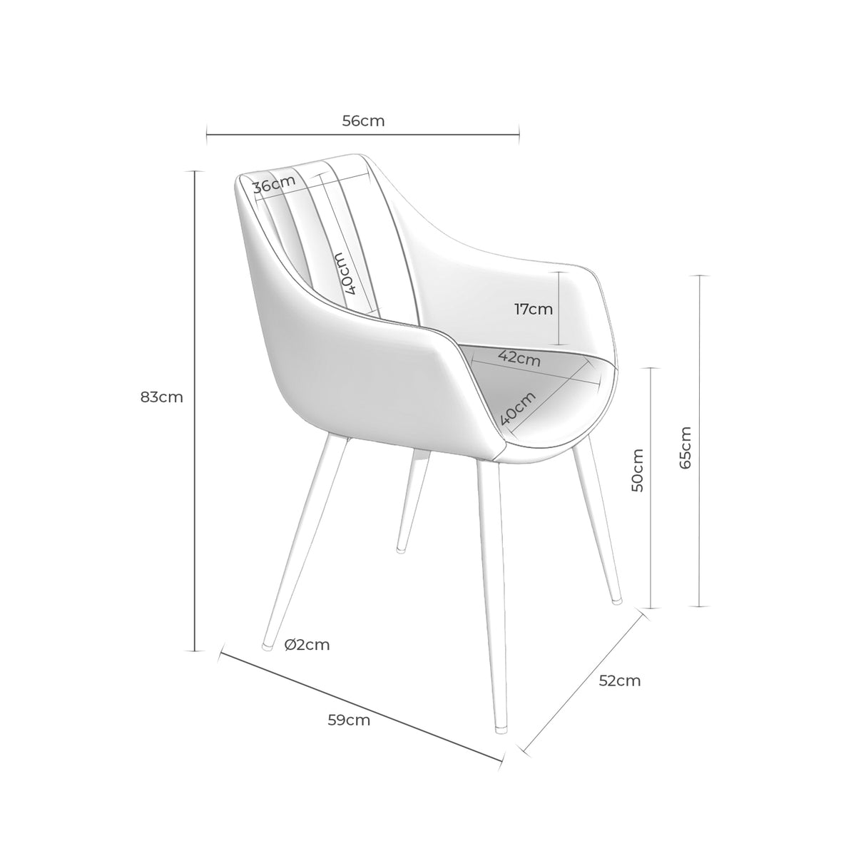 Croquis de medidas de Silla FIONA Canalé con Brazos