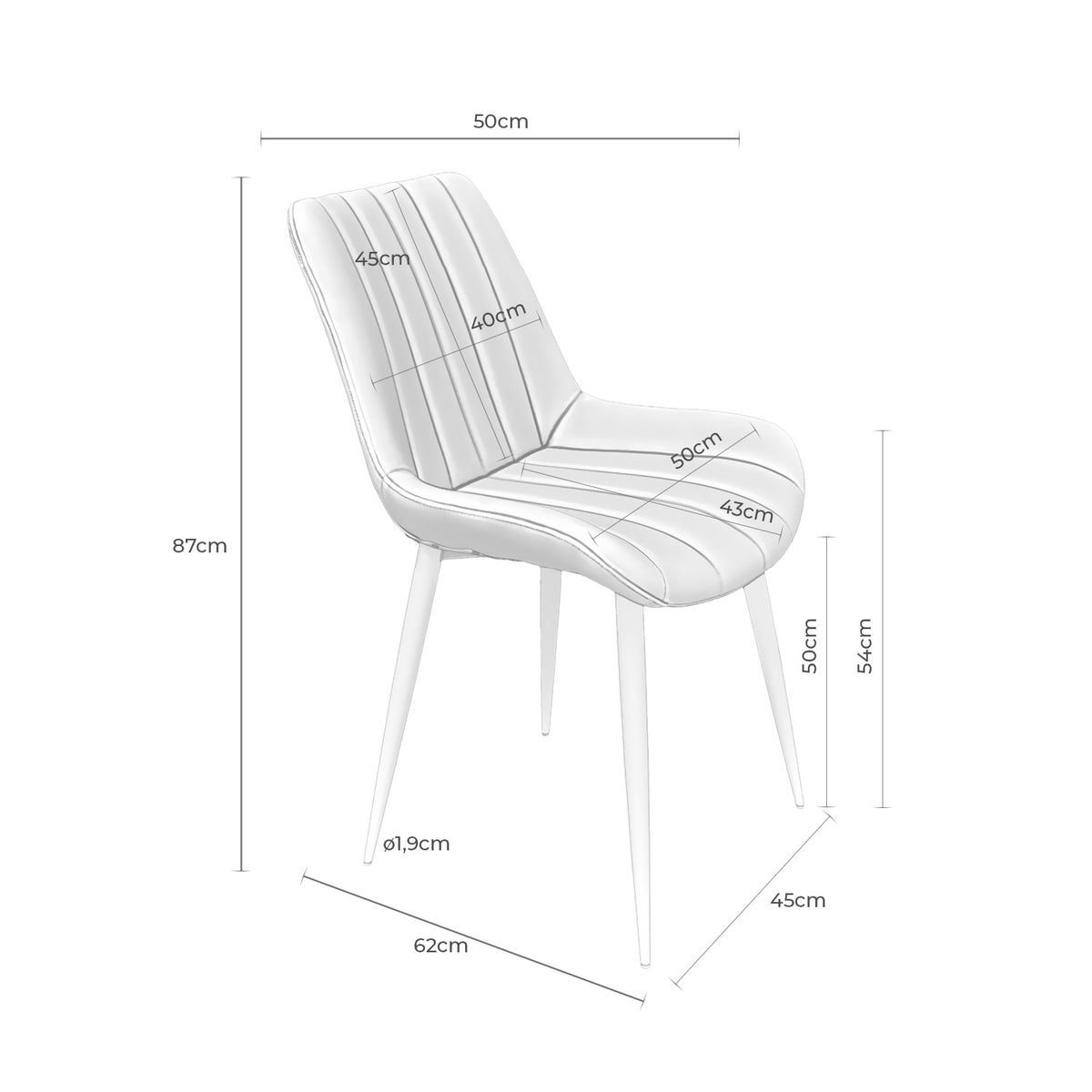 Croquis de medidas de Silla MILA Canalé sin Brazos