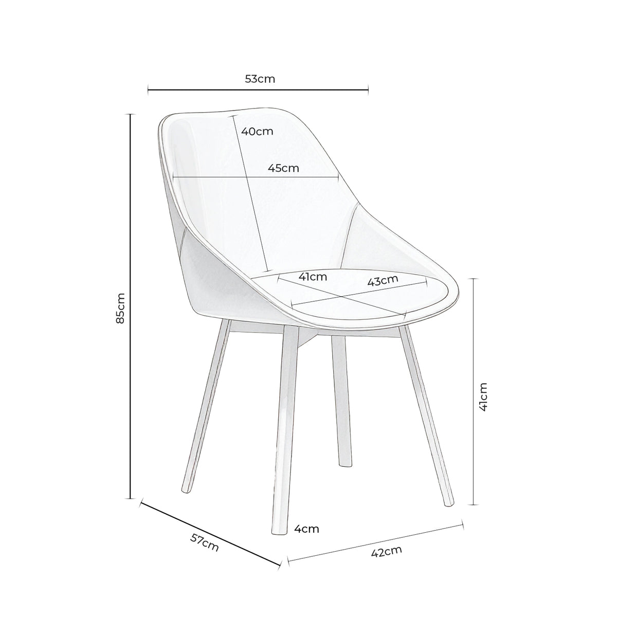 Croquis de medidas de Silla AMELIE Giratoria de Asiento Bajo