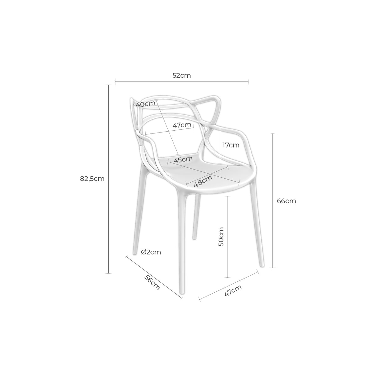 Croquis de medidas de Silla VICTORIA Apilable de Aros Entrelazados