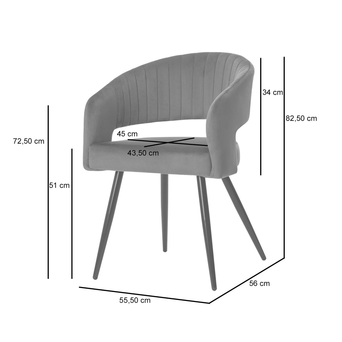Croquis de medidas de Silla KORA Tapizada con Respaldo de Canalé