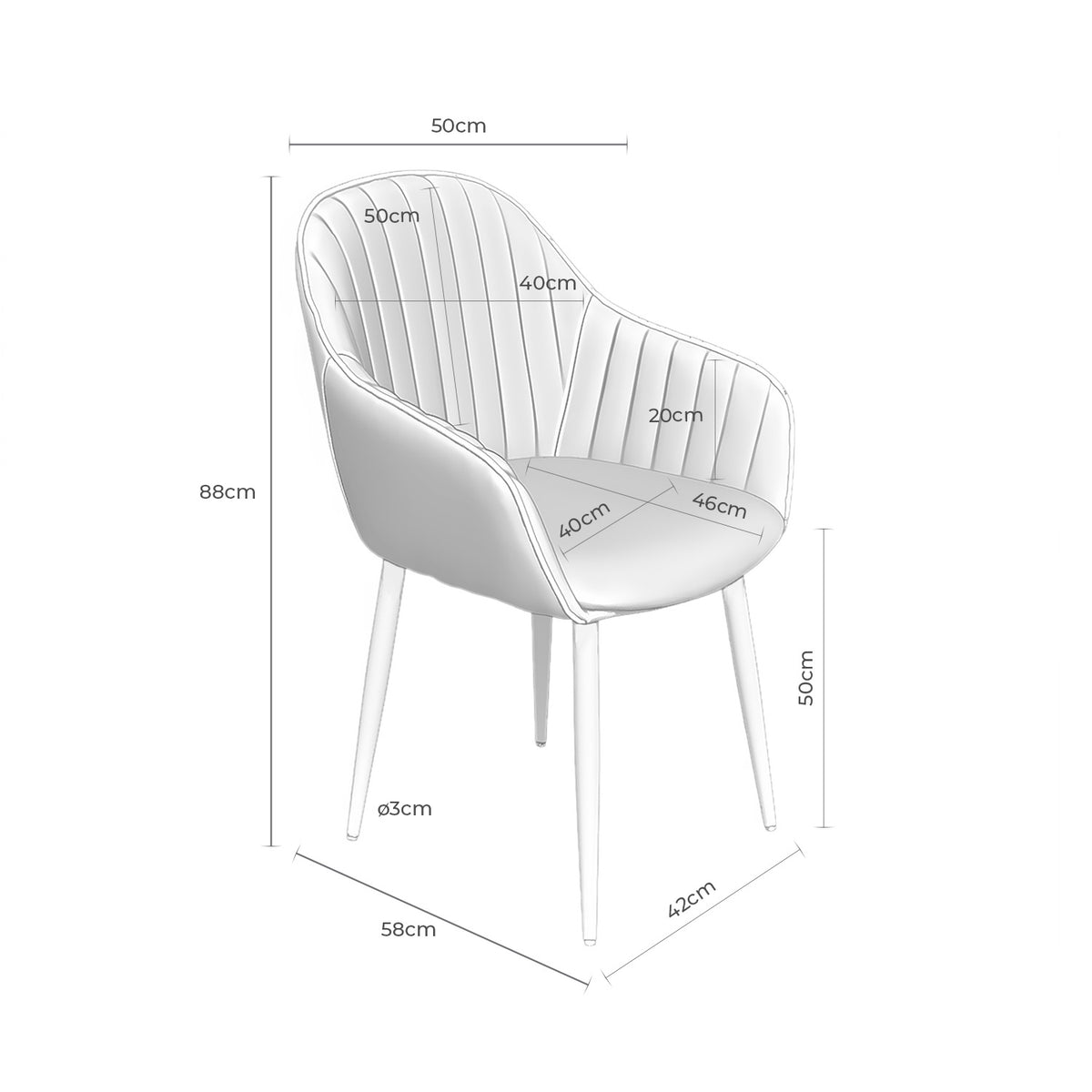Croquis de medidas de Silla NATALIA Canalé con Brazos, Respaldo Alto