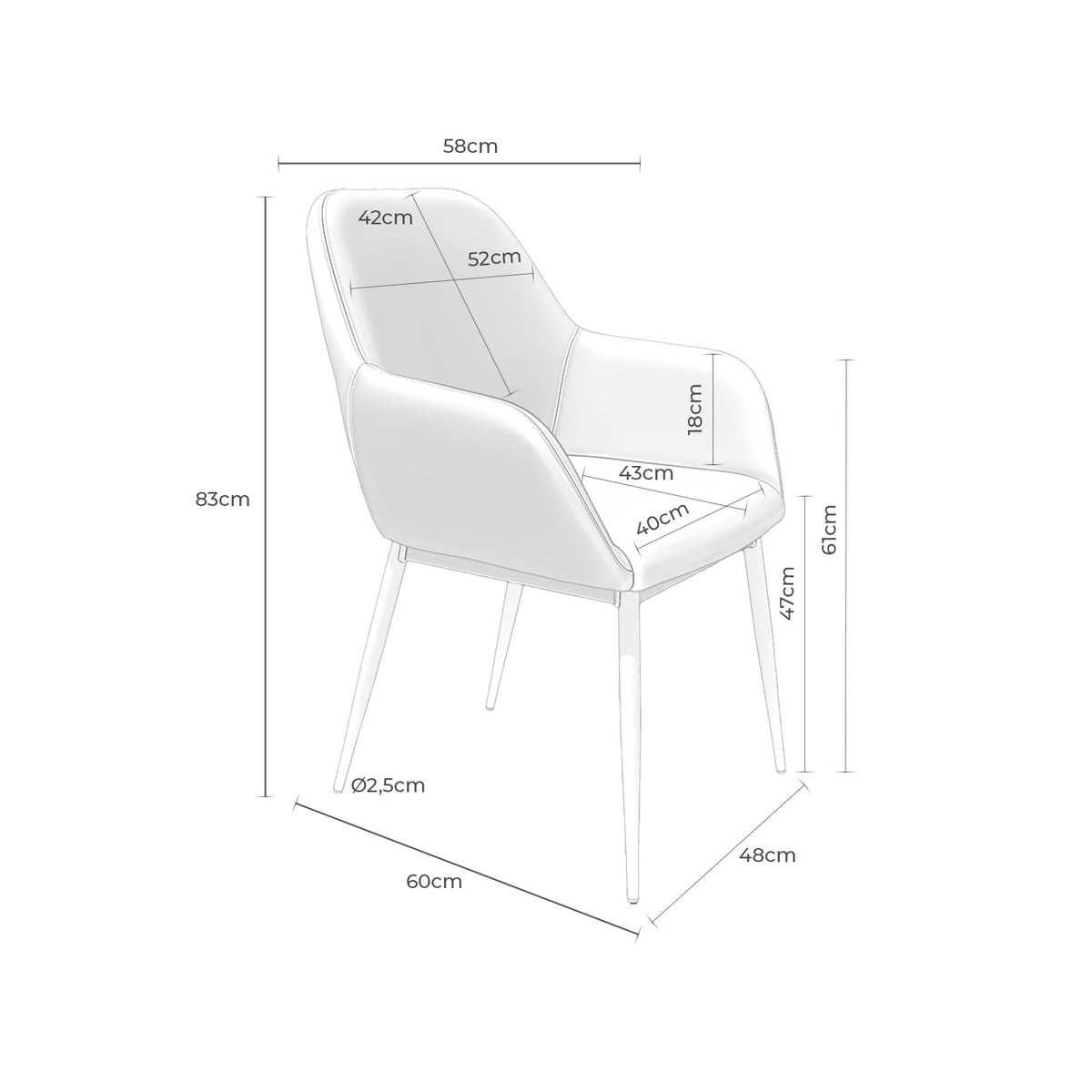 Croquis de medidas de Silla ISABELLA Tapizada Patas Beige