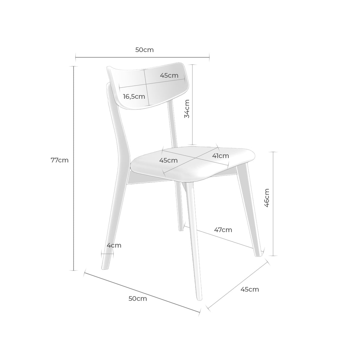Croquis de medidas de Silla KEIRA de Madera con Asiento Redondo