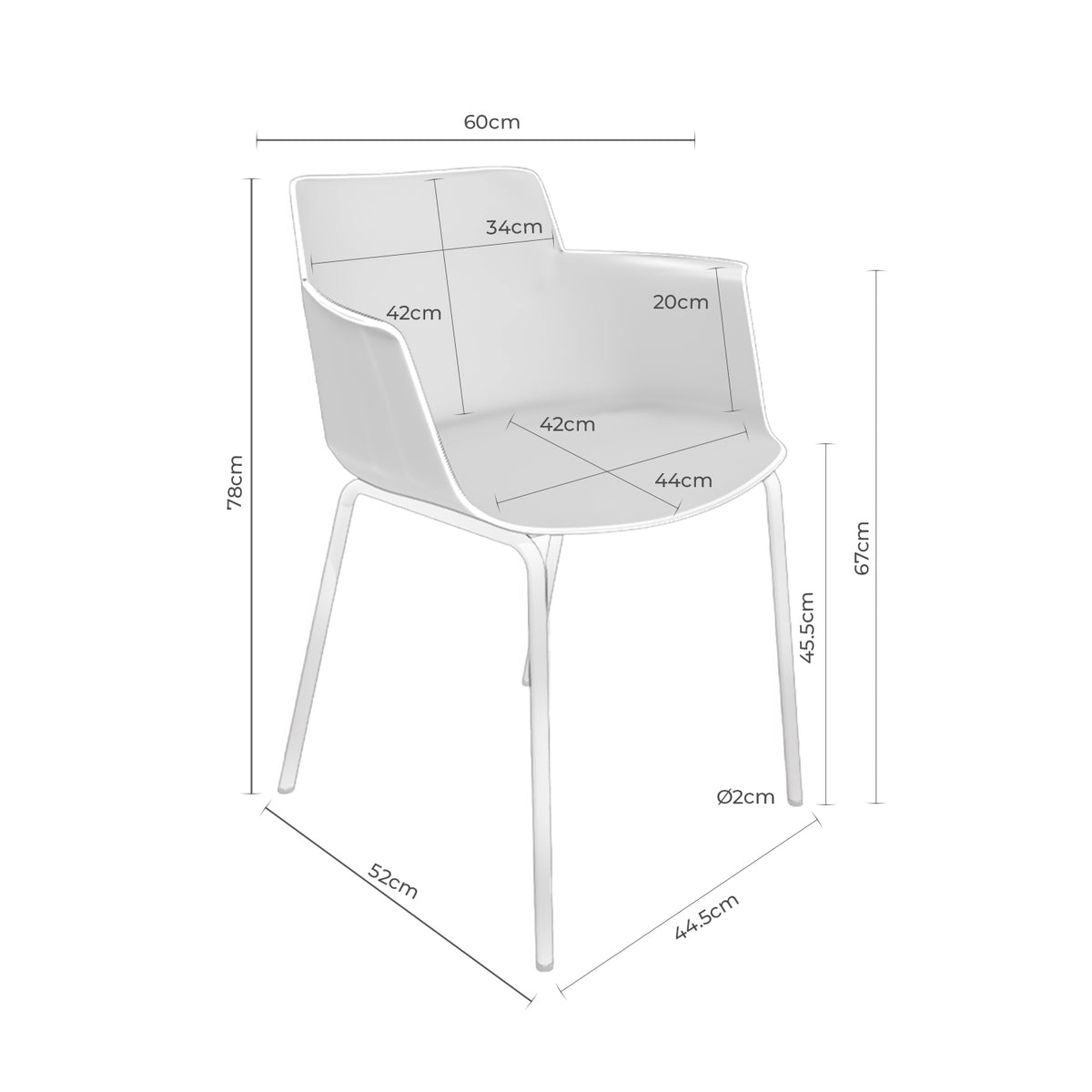 Croquis de medidas de Silla DOLLY de Concha con Brazos Cortos
