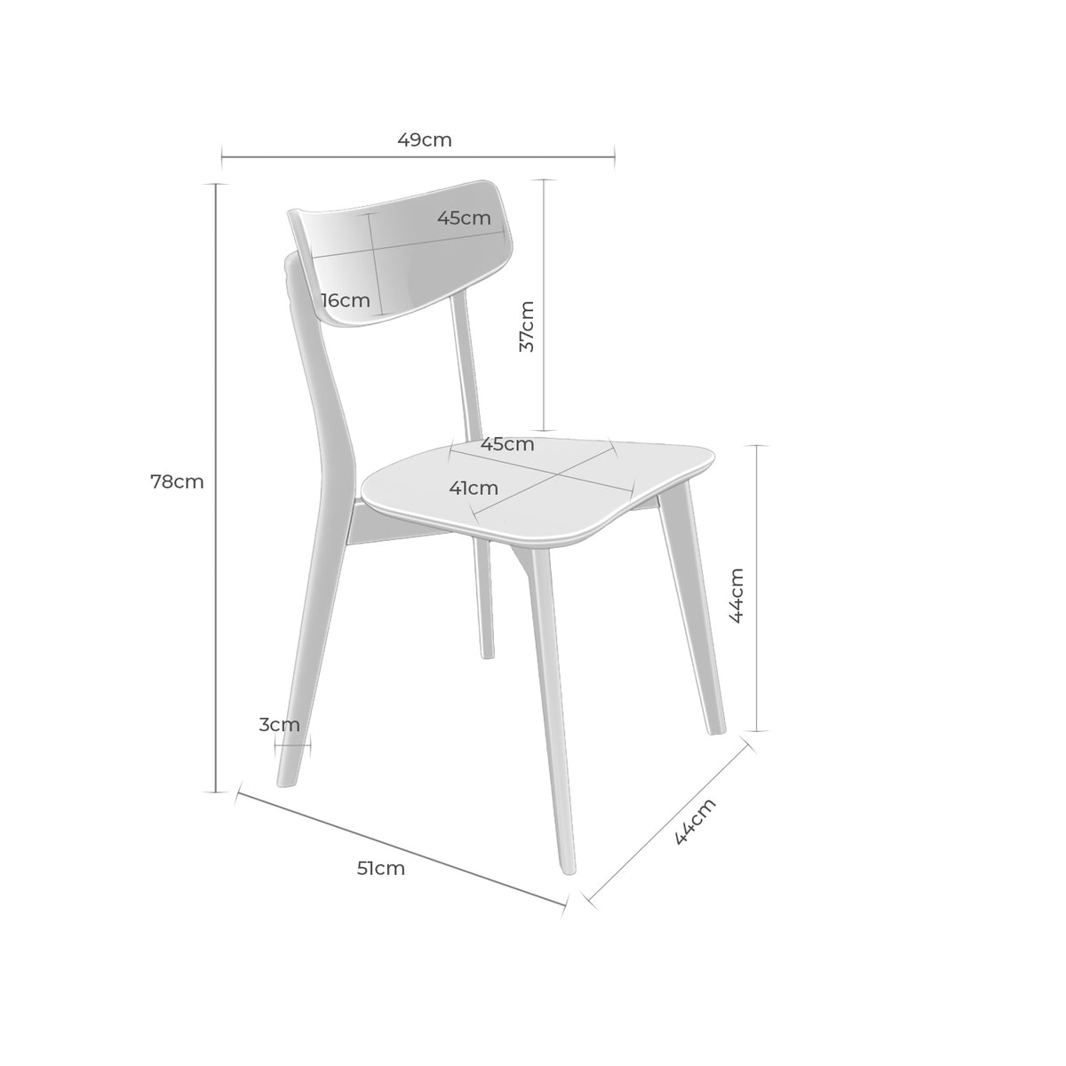 Croquis de medidas de Silla ALAIA de Madera Maciza