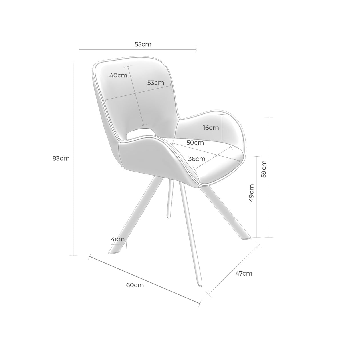 Croquis de medidas de Silla ASTRID de Asiento Redondo con Brazos