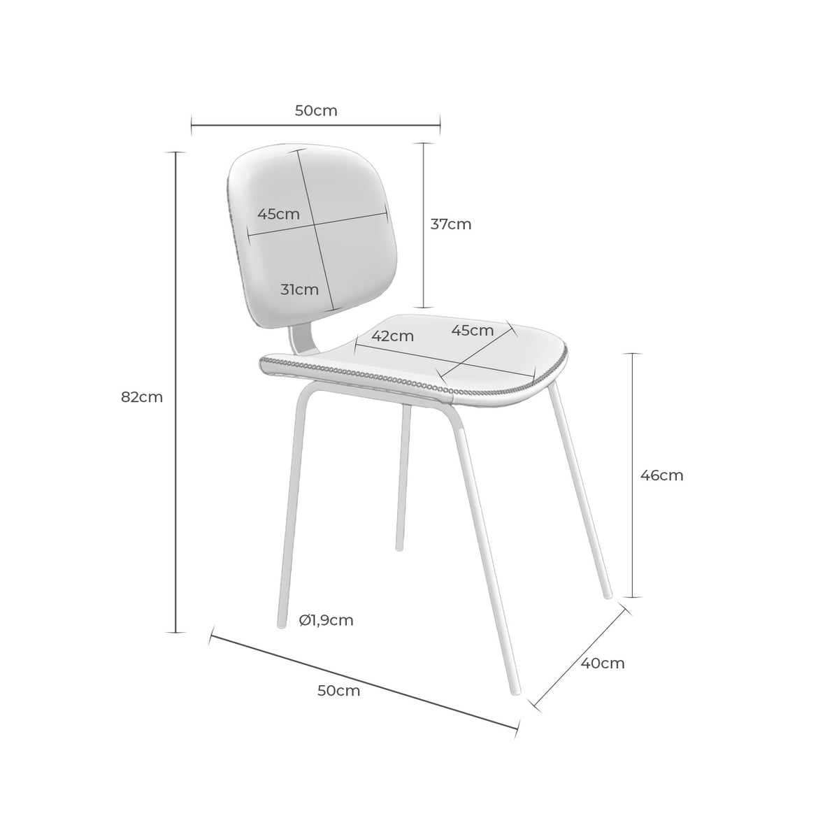 Croquis de medidas de Silla WINONA de Asiento Redondo y Respaldo Suelto