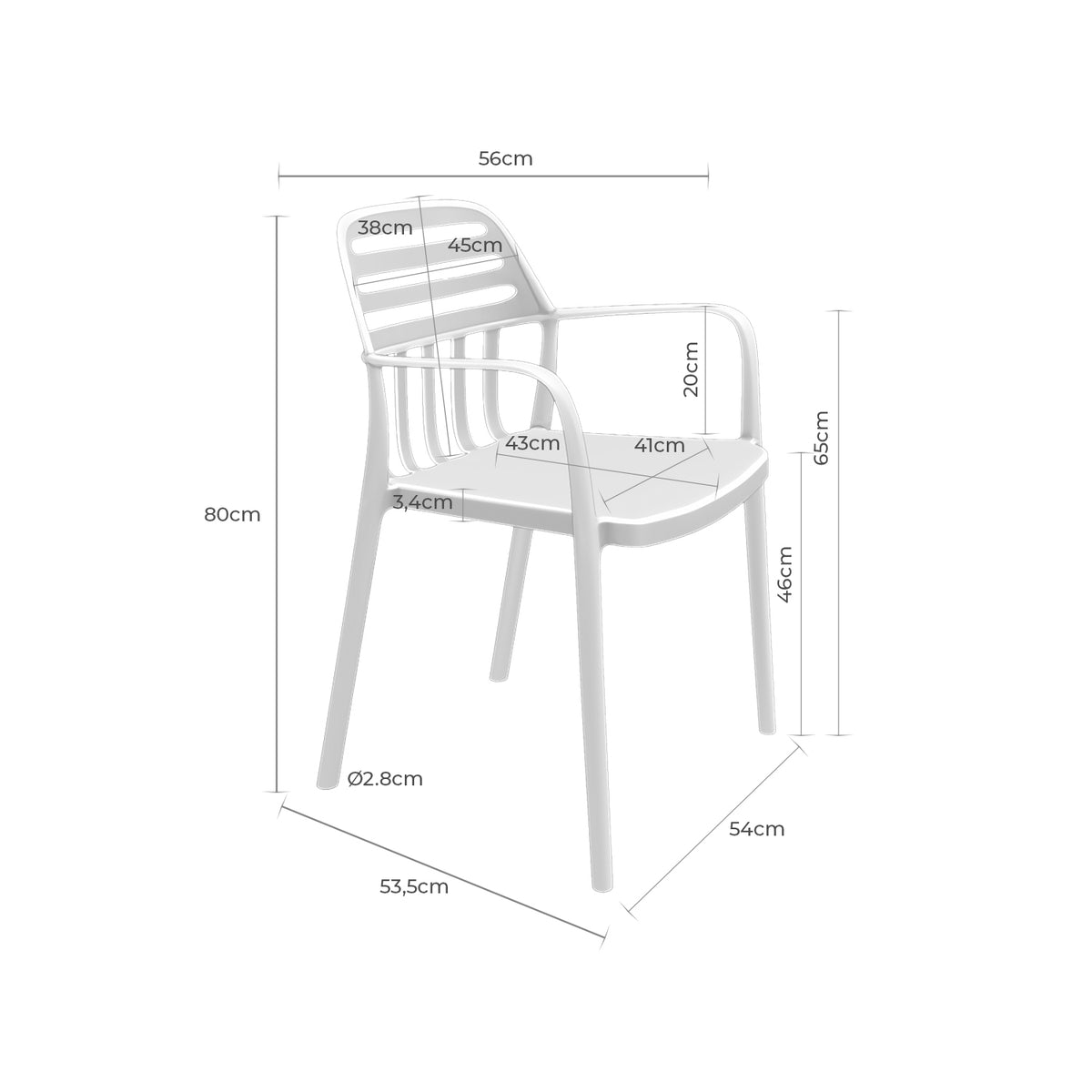 Croquis de medidas de Silla DESIREE Apilable con Brazos