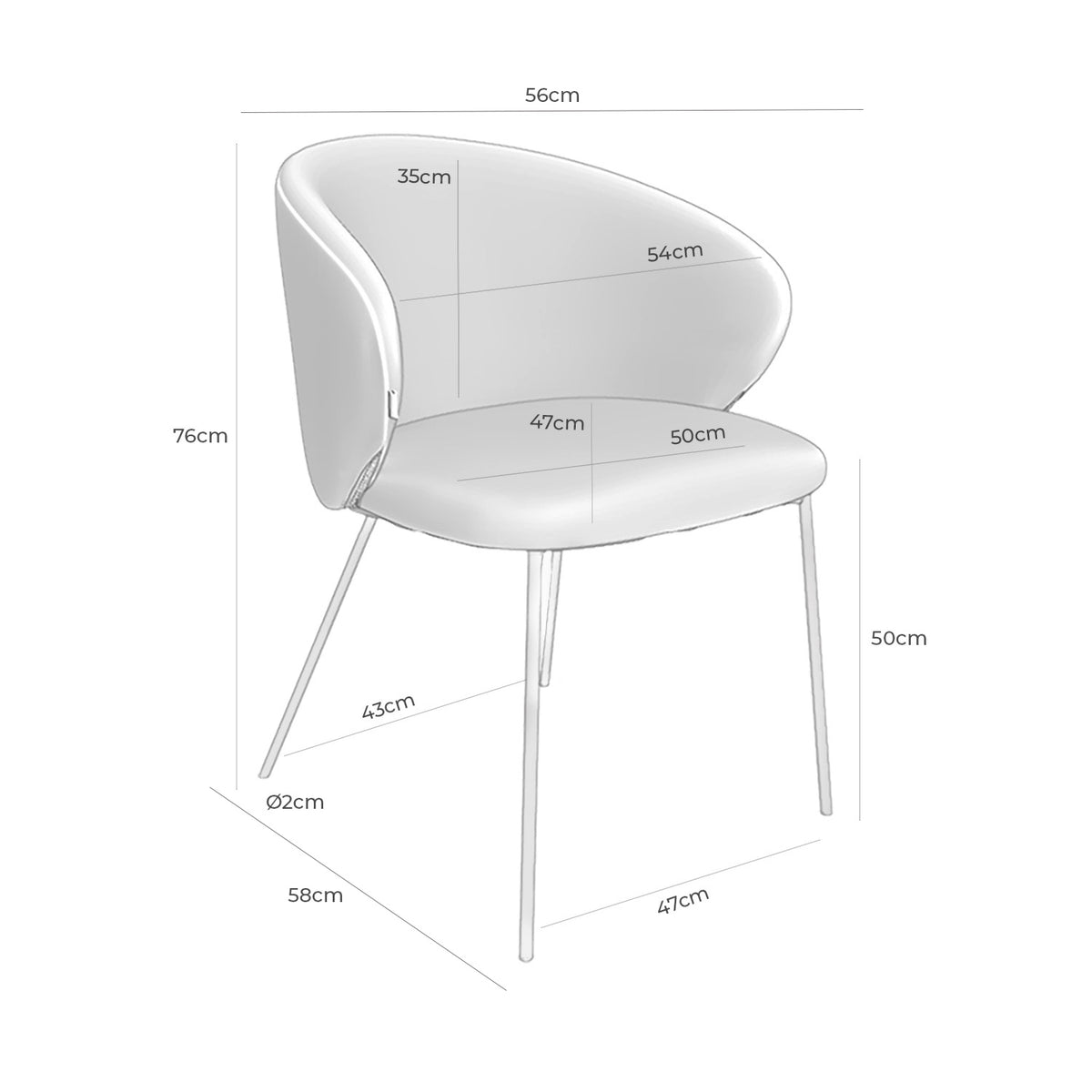 Croquis de medidas de Silla MERIDA con Brazos, Respaldo Bajo