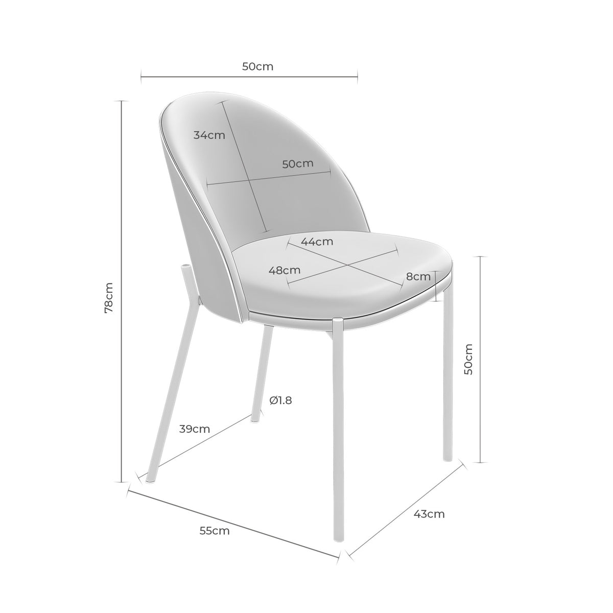 Croquis de medidas de Silla CASANDRA de Respaldo en Concha