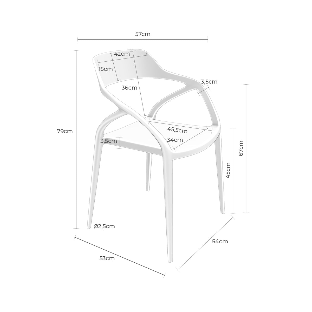 Croquis de medidas de Silla RENATA Apilable con Brazos