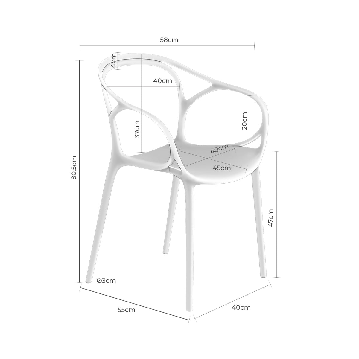 Croquis de medidas de Silla EILIN Apilable de Diseño Calado