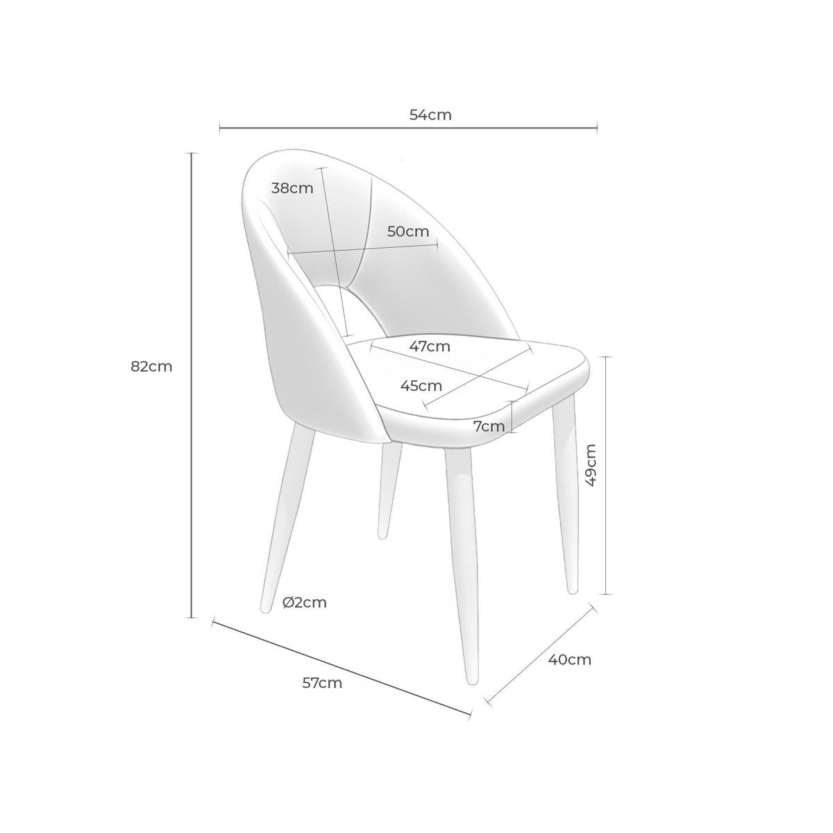 Croquis de medidas de Silla DORIS con Respaldo Calado