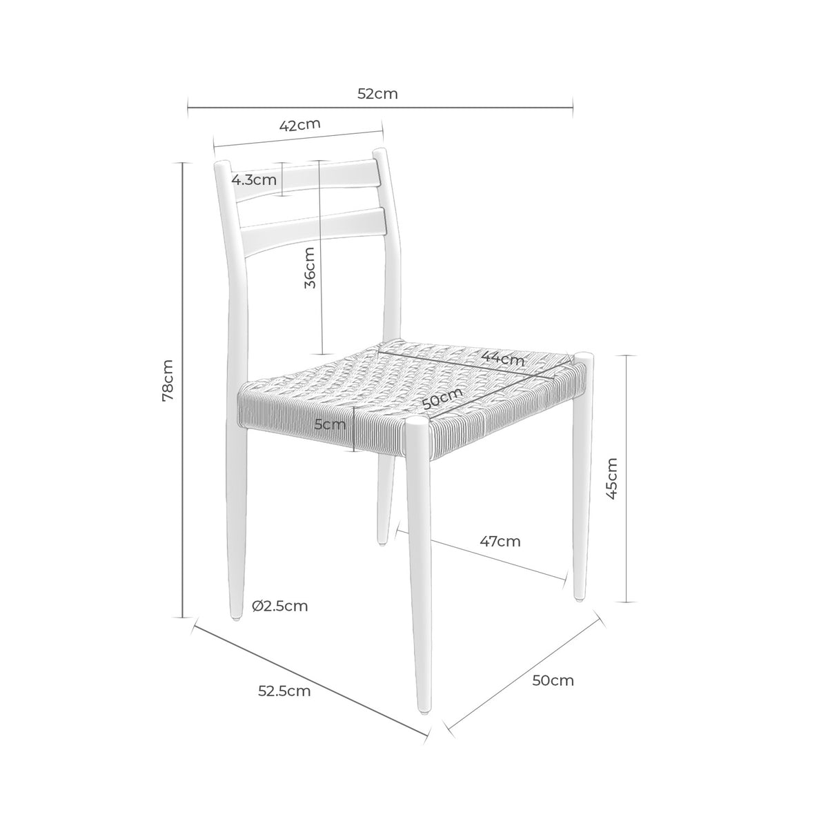 Croquis de medidas de Silla BONNIE de Madera y Asiento de Cuerda