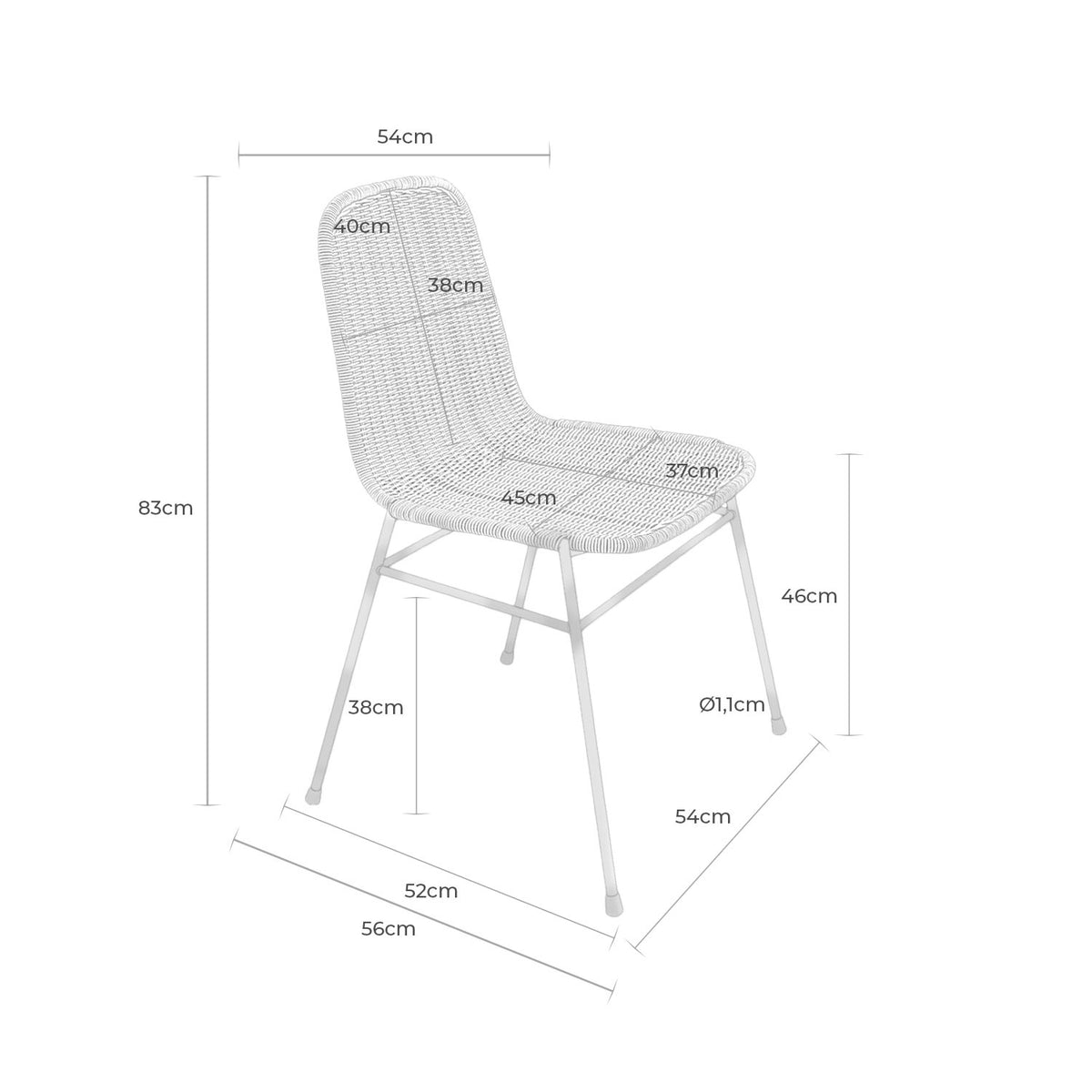Croquis de medidas de Silla COLETTE de Ratán sin Brazos