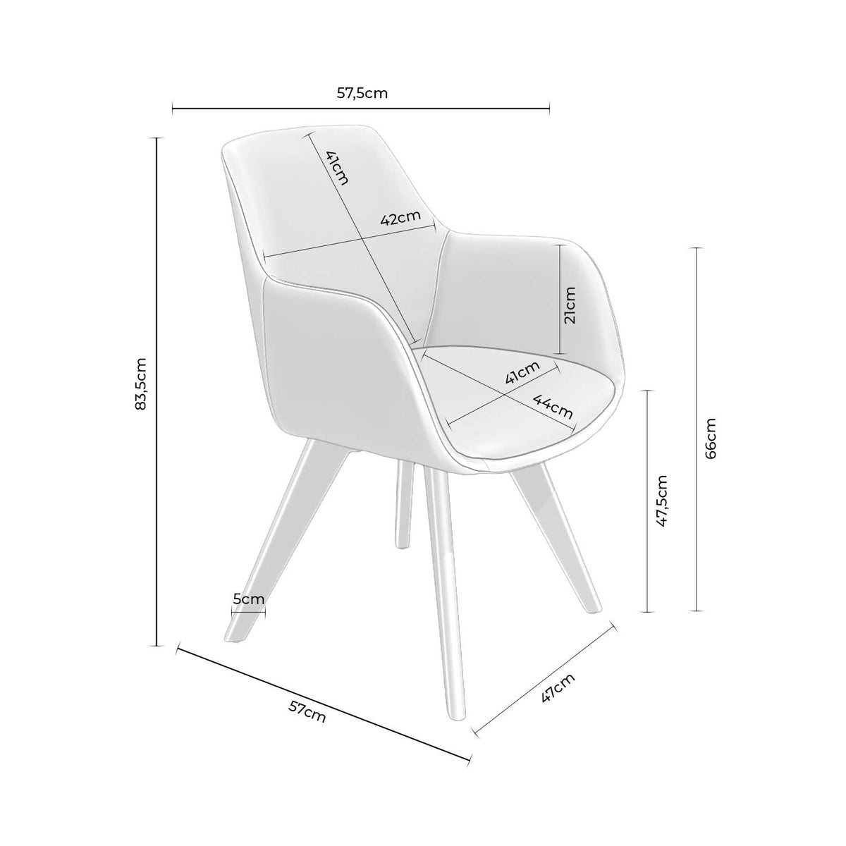 Croquis de medidas de Silla SHARON con Brazos y Patas de Madera