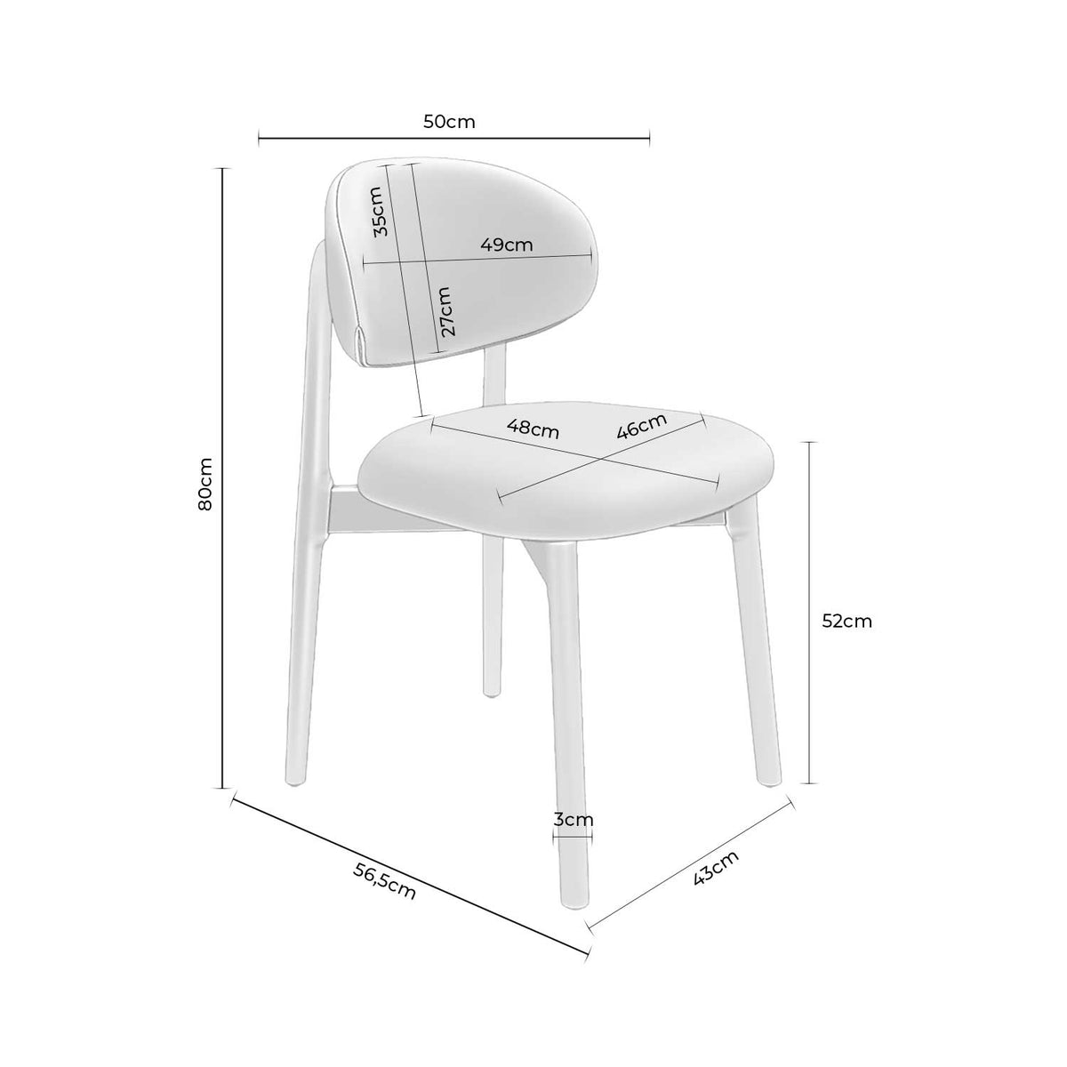 Croquis de medidas de Silla WANDA Tapizada con Patas de Madera